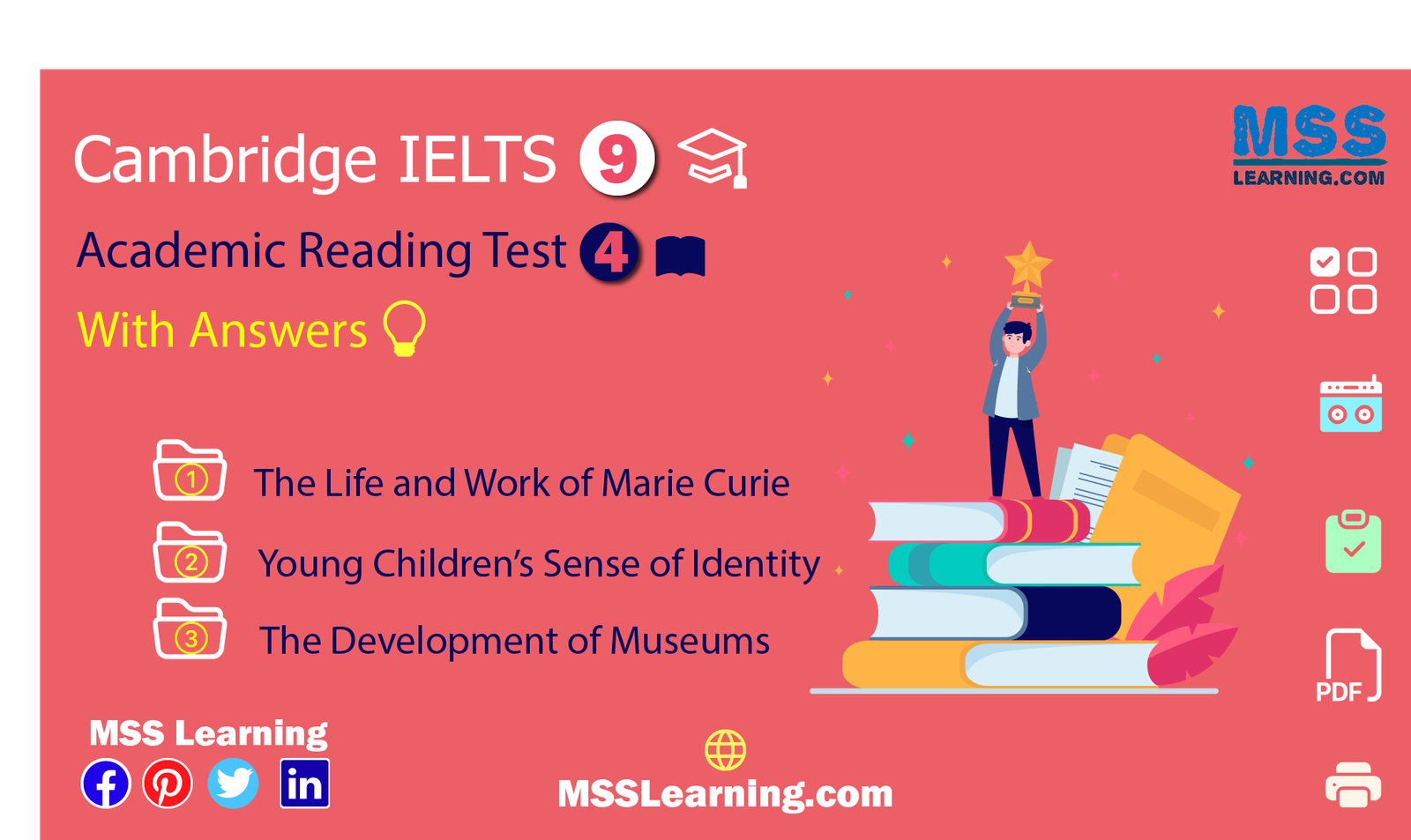 Cambridge IELTS 9 Academic Reading Test 4 With Answers and explanations & online Practice. Passages 1,2,3 The Life and work of marie. Young Children’s Sense. Development of Museums.